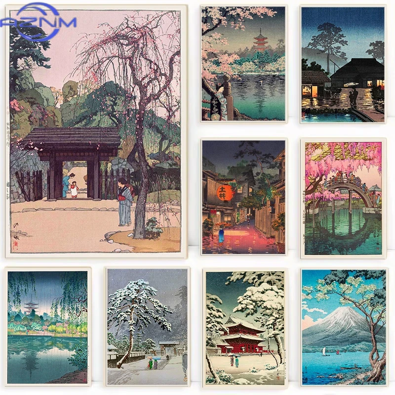 Japanese Lifestyle And Traditions - AZNM ย้อนยุค อุกิโยะเอะโปสเตอร์ญี่ปุ่นแบบดั้งเดิมโตเกียวภาพประกอบญี่ปุ่นภูมิทัศน์ภาพวาดผ้าใบศิลปะบนกำแพงสำหรับห้องนั่งเล่นบ้าน