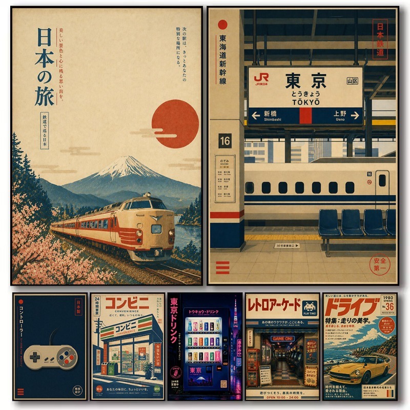 Japanese Lifestyle And Traditions - วินเทจญี่ปุ่นแบบดั้งเดิมร้านค้าสถานีรถไฟเกมอาร์เคดโปสเตอร์ภาพวาดบนผ้าใบภาพศิลปะติดผนังตกแต่งบ้านห้องนอน