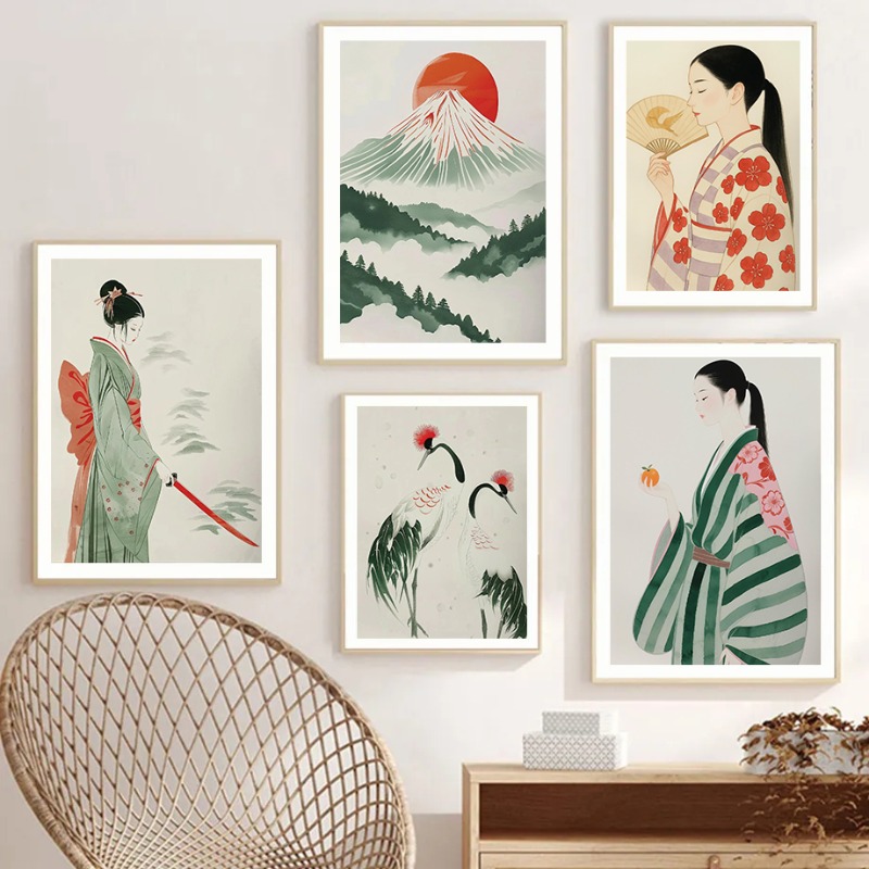 Japanese Lifestyle And Traditions - Mount Fuji & Crane ผนังญี่ปุ่นพิมพ์ร่วมสมัย Minimalist