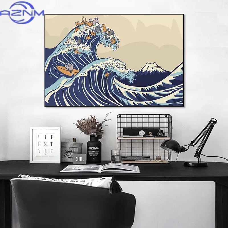 AZNM ภาพวาดบนผืนผ้าใบ ลายคลื่น - Japanese Lifestyle And Traditions บทวิจารณ์และราคา